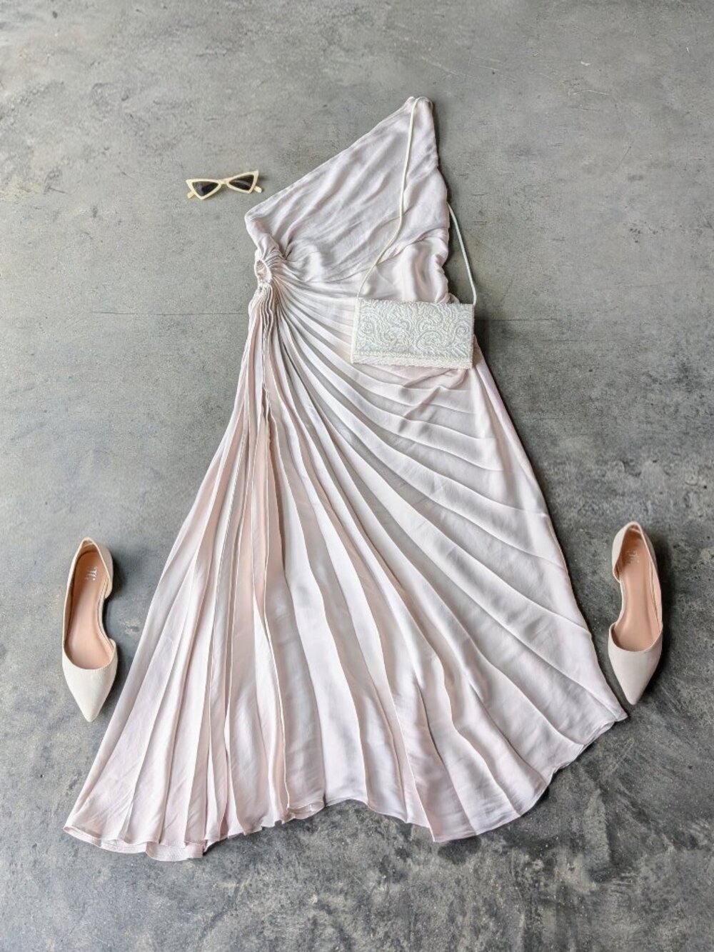 House of Harlow Ivory Satin Pleated One Shoulder Dress large